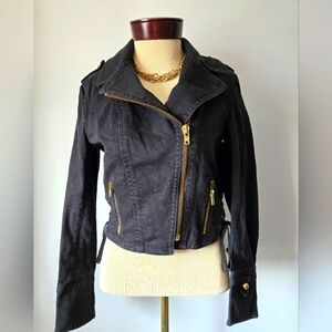 REISS 1971 Black Denim Fittwd Cropped Jacket. Size Medium